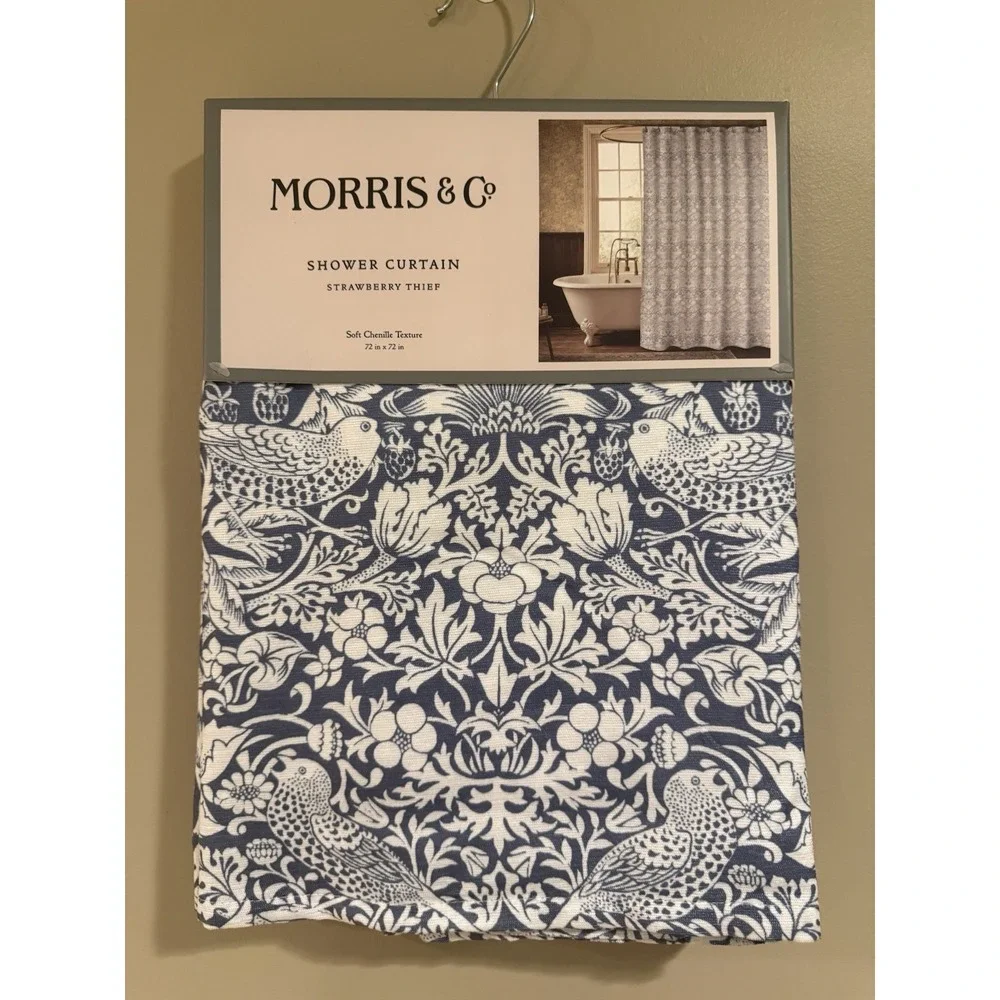 Morris & Co Soft Chenille Fabric Shower Curtain 72x72 Strawberry Thief Blue Whit